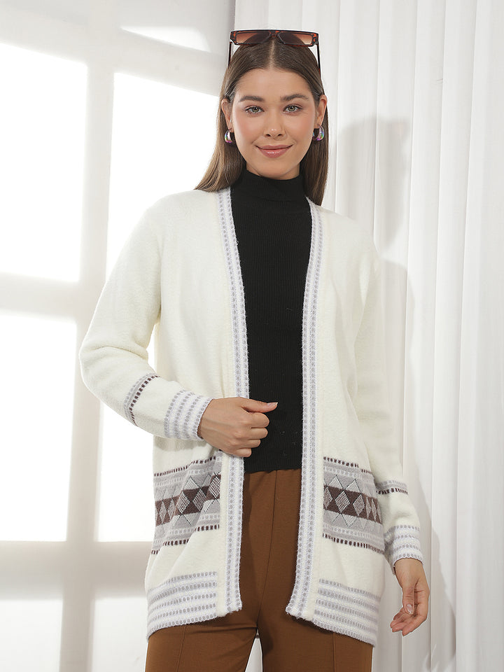 Off White Jacquard Open Front Longline Shrug