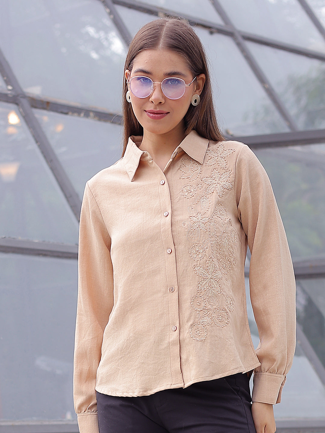 Beige Floral Embroidered Shirt