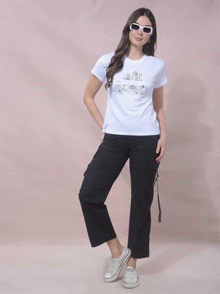 White Typographic Print Modal T-Shirt