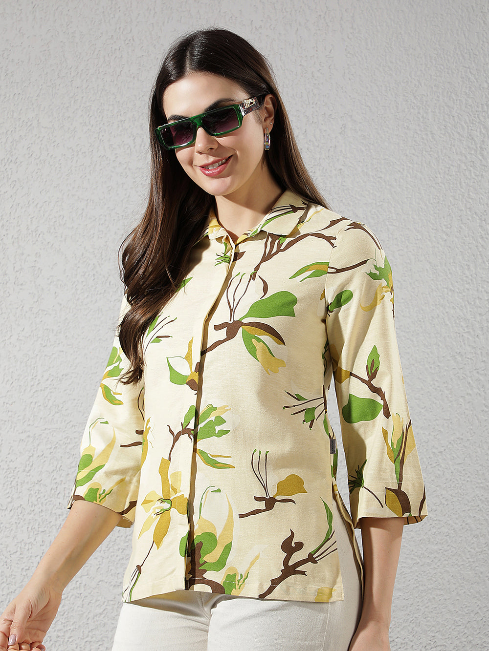 Mustard Floral Print Linen Shirt