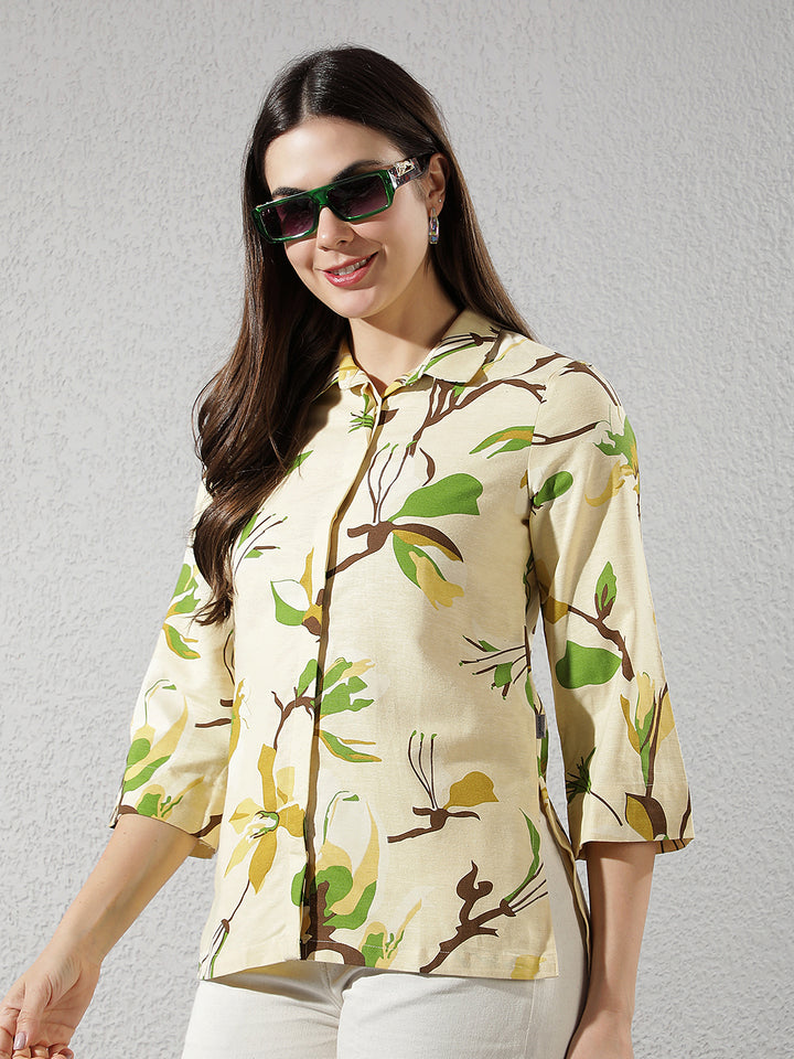 Mustard Floral Print Linen Shirt