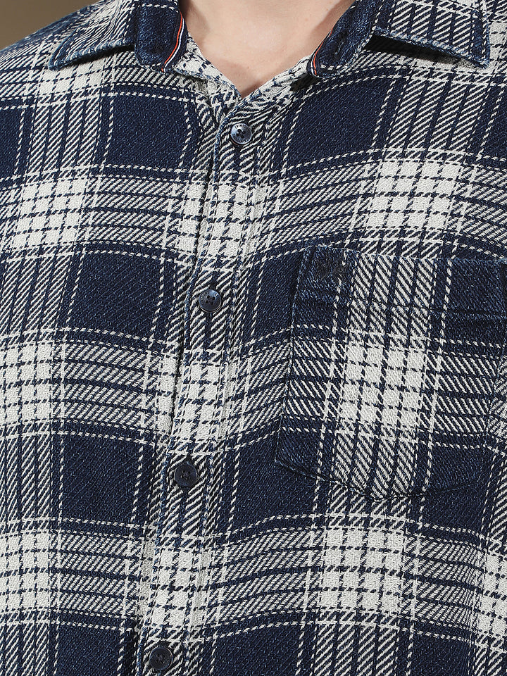 Navy Blue 100% Cotton Checked Shirt