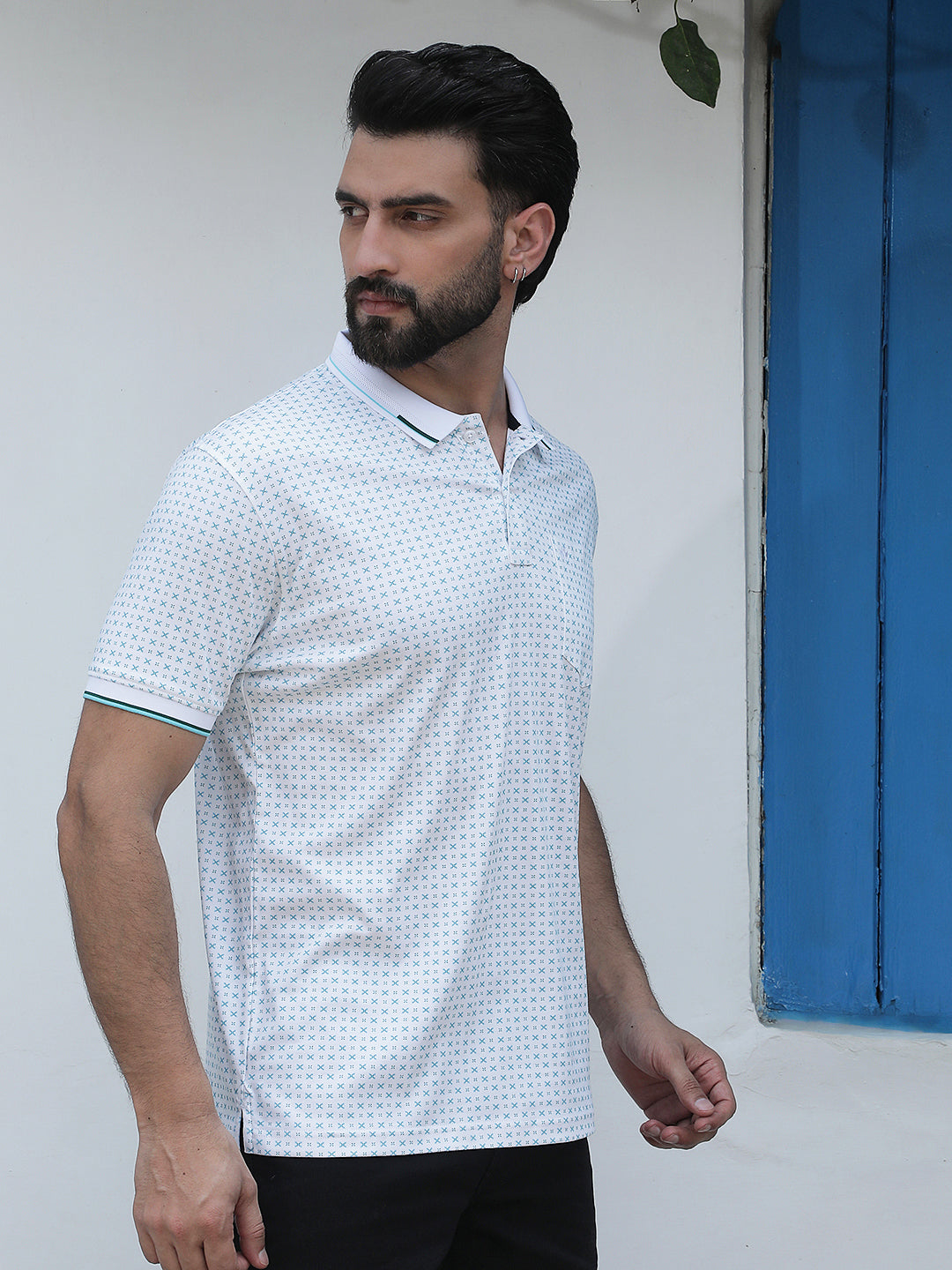 Blue Printed Polo Neck 100% Cotton T-Shirt