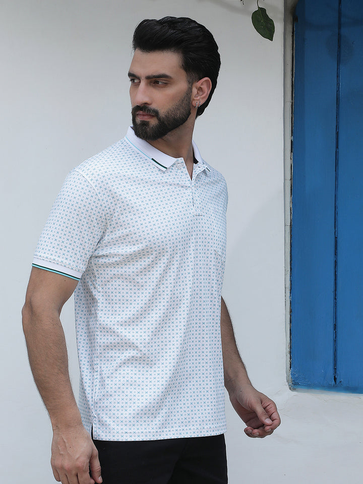 Blue Printed Polo Neck 100% Cotton T-Shirt