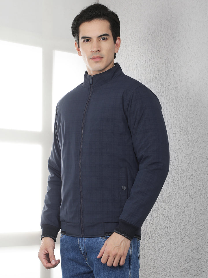 Navy Blue Checked High Neck Puffer Jacket