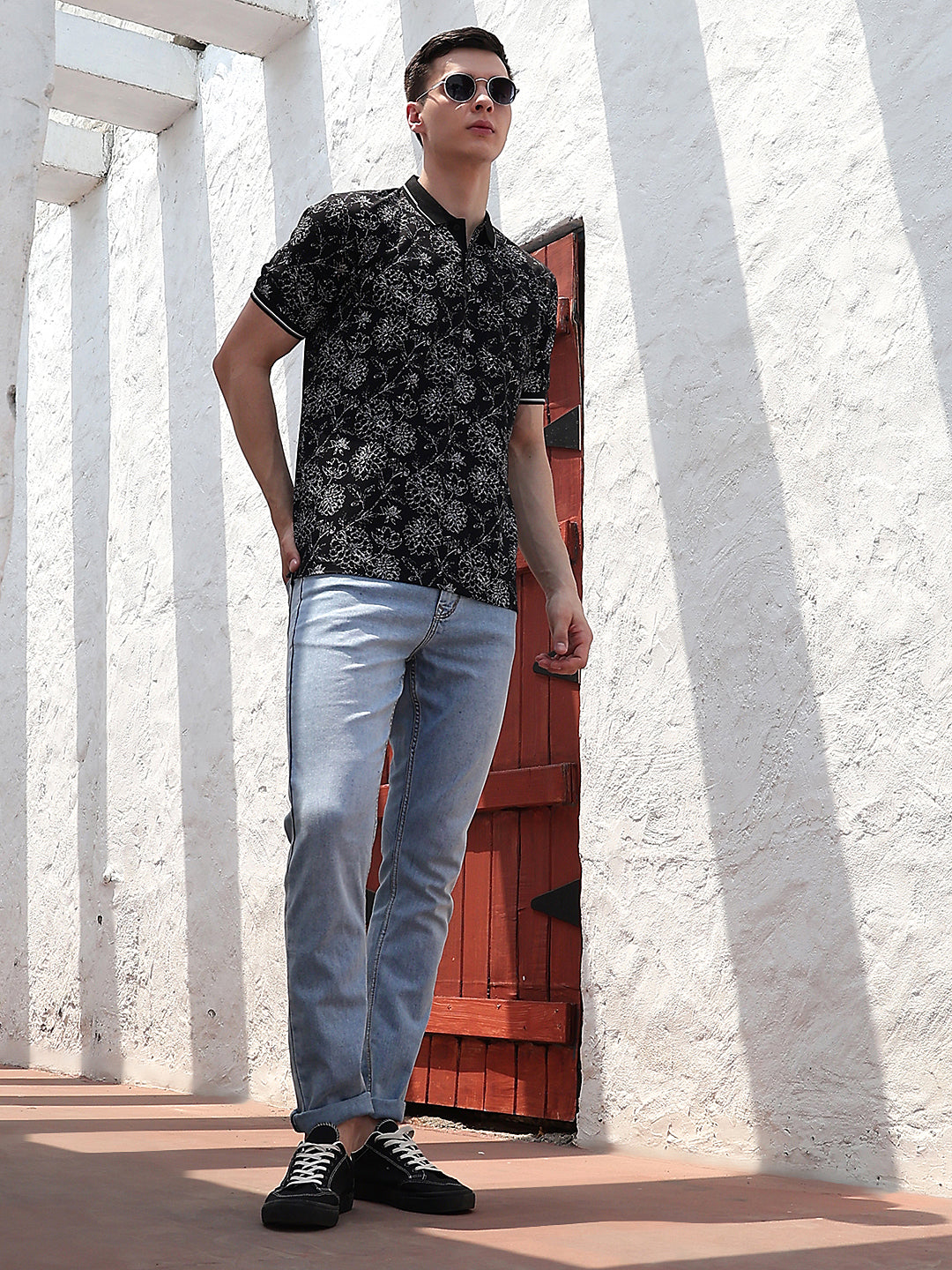 Black Floral Print Polo Neck T-Shirt