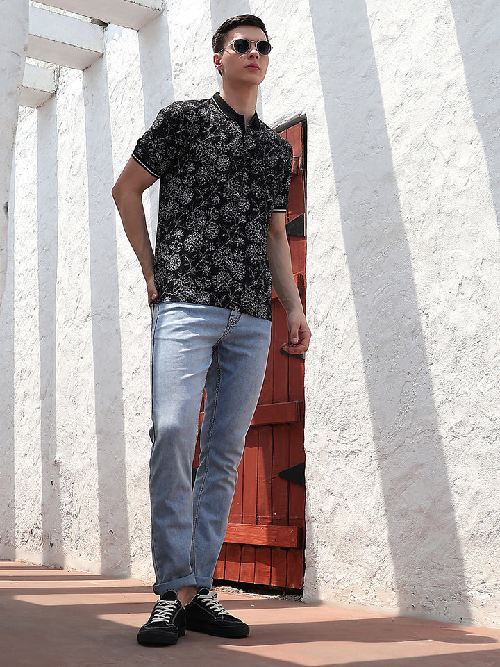 Black Floral Print Polo Neck T-Shirt