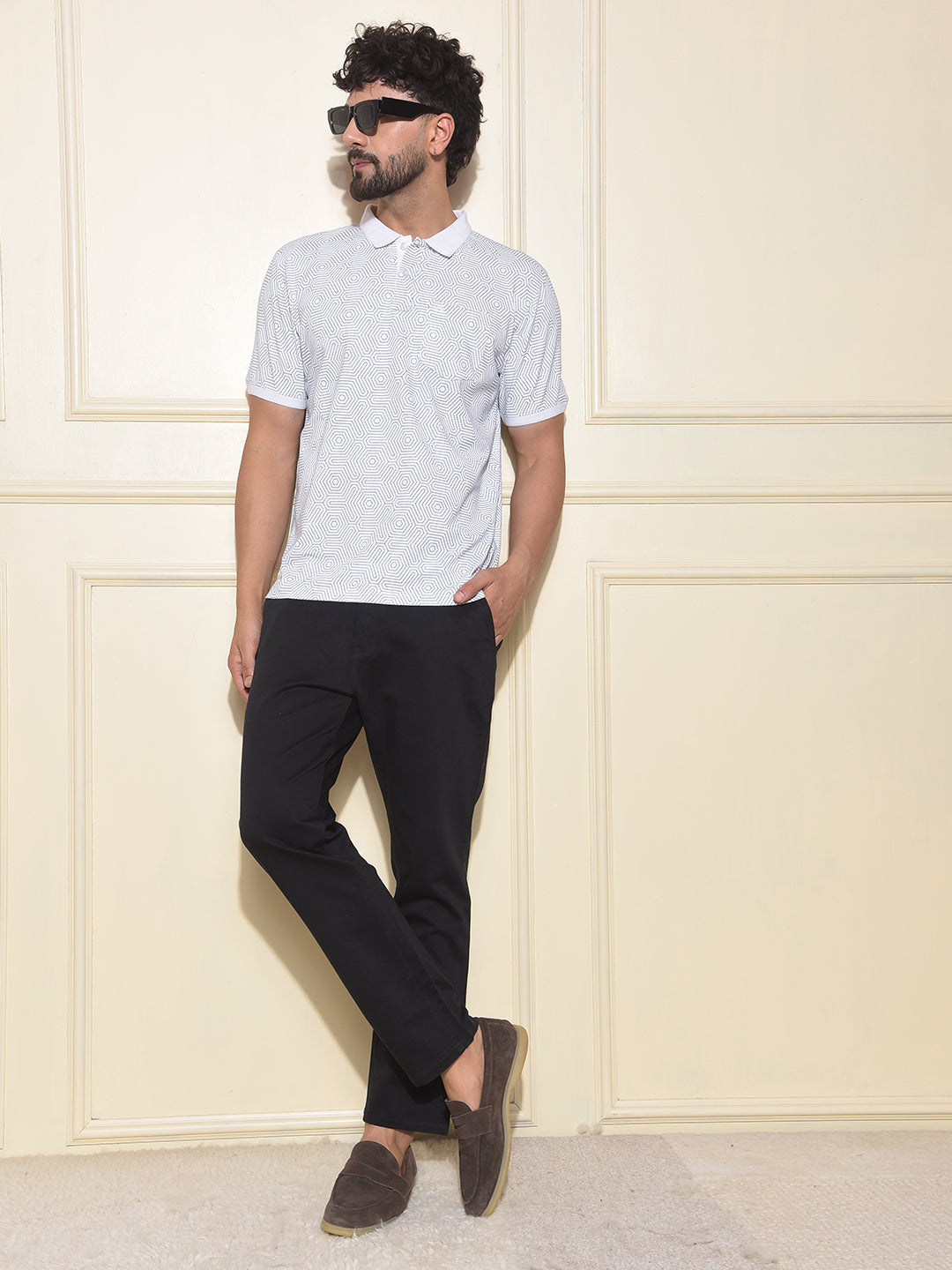White Printed Polo-Neck T-Shirt