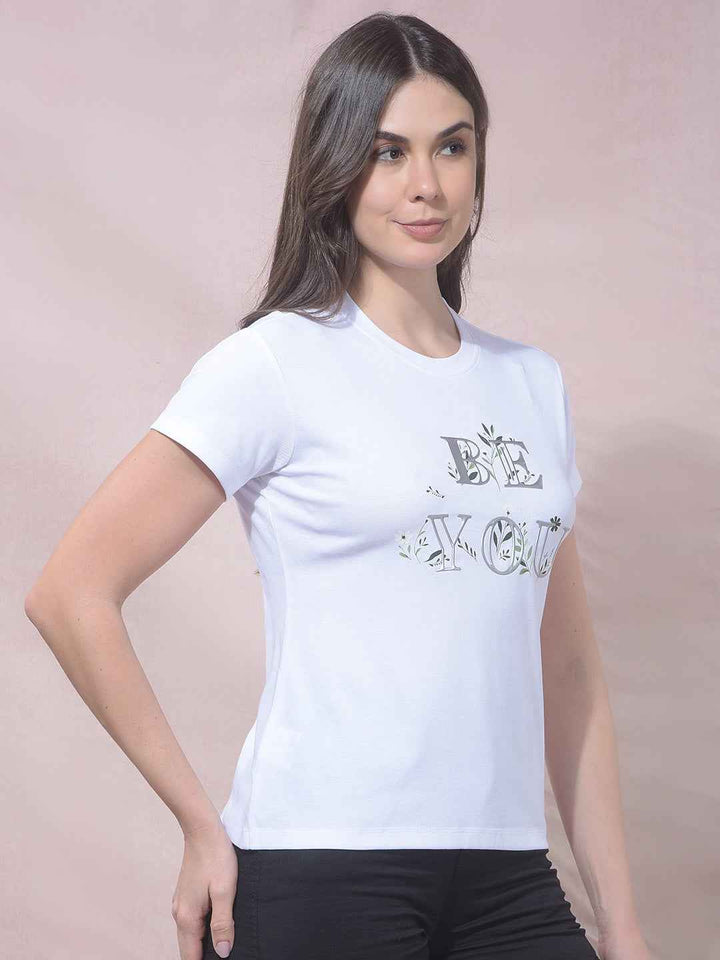 White Typographic Print Modal T-Shirt