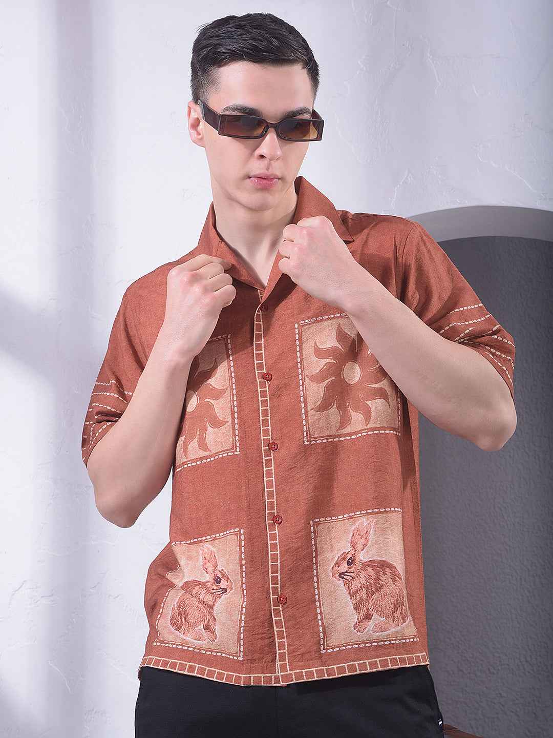 Maroon Printed Resort-Collar Shirt