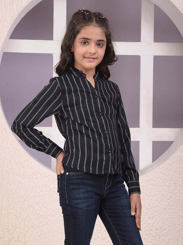 Black Vertical Stripes Mandarin Neck Shirt