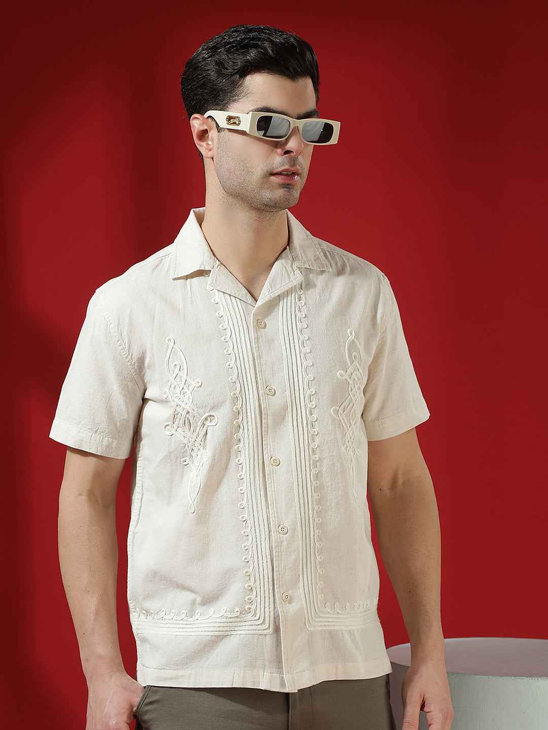 Beige Embroidered Resort-Collar Linen Shirt
