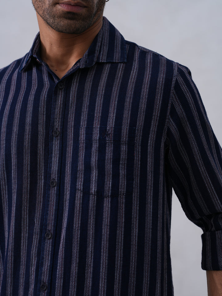 Navy Blue Vertical Stripes 100% Cotton Shirt