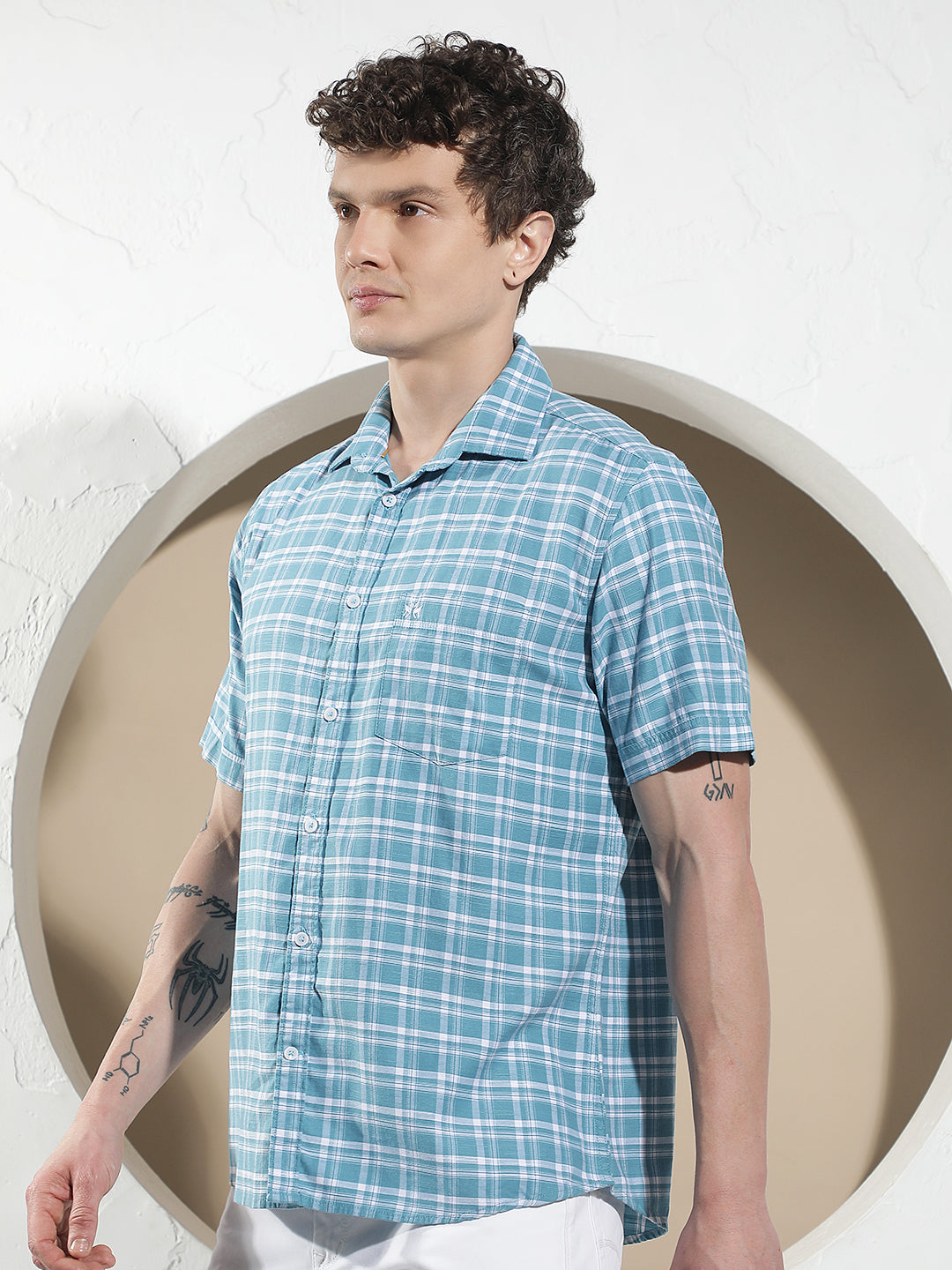 Structured Ocean Blue Checked Shirt
