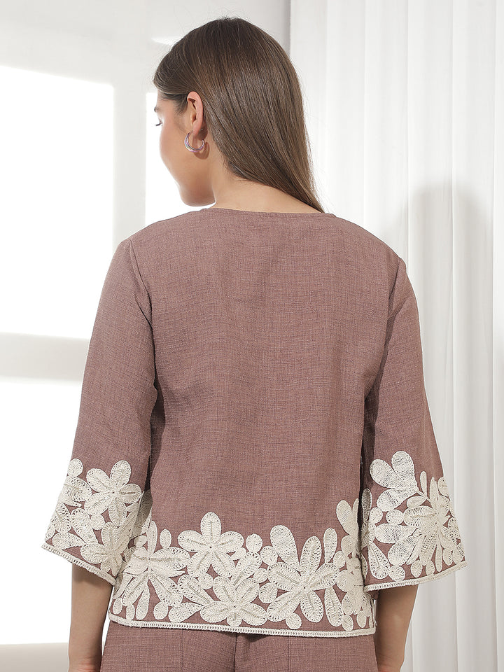 Brown Embroidered 100% Cotton Top