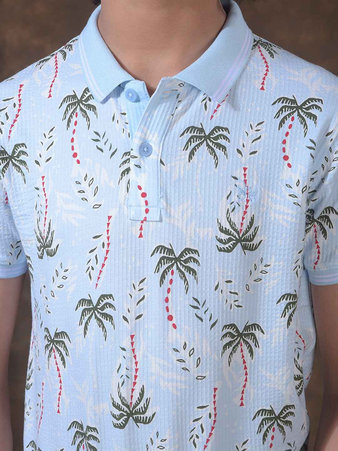 Blue Floral Print Polo Neck T-Shirt