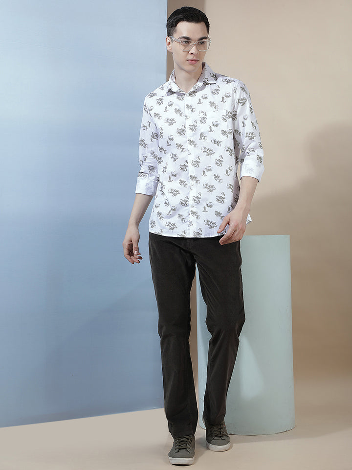 White Floral Print 100% Cotton Shirt