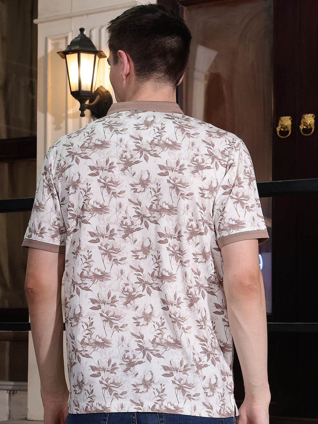 Brown Floral Print Polo Neck T-Shirt