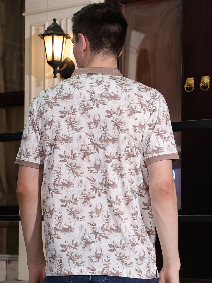 Brown Floral Print Polo Neck T-Shirt