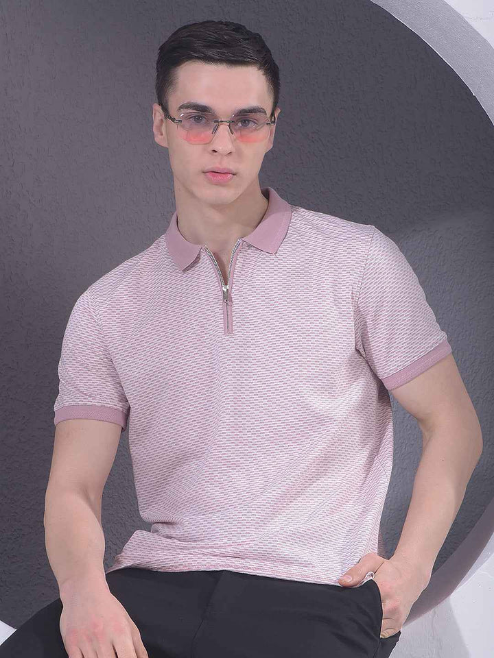Pink Printed Polo Neck T-Shirt with Zip Closure
