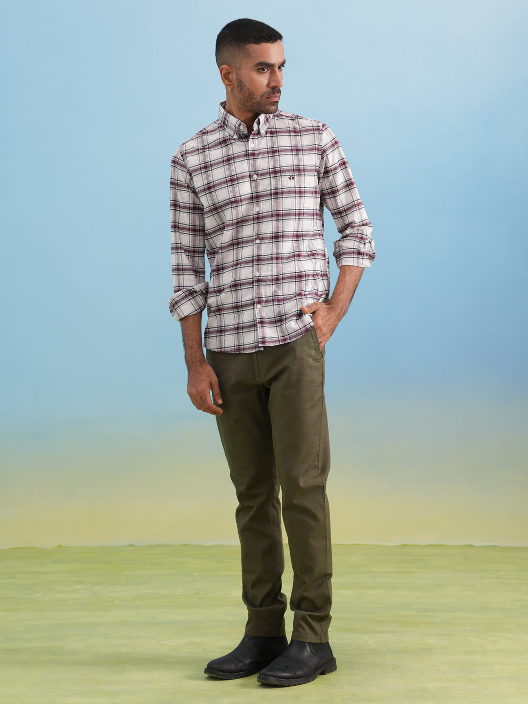 Maroon Checked 100% Cotton Button-Down Collar Shirt