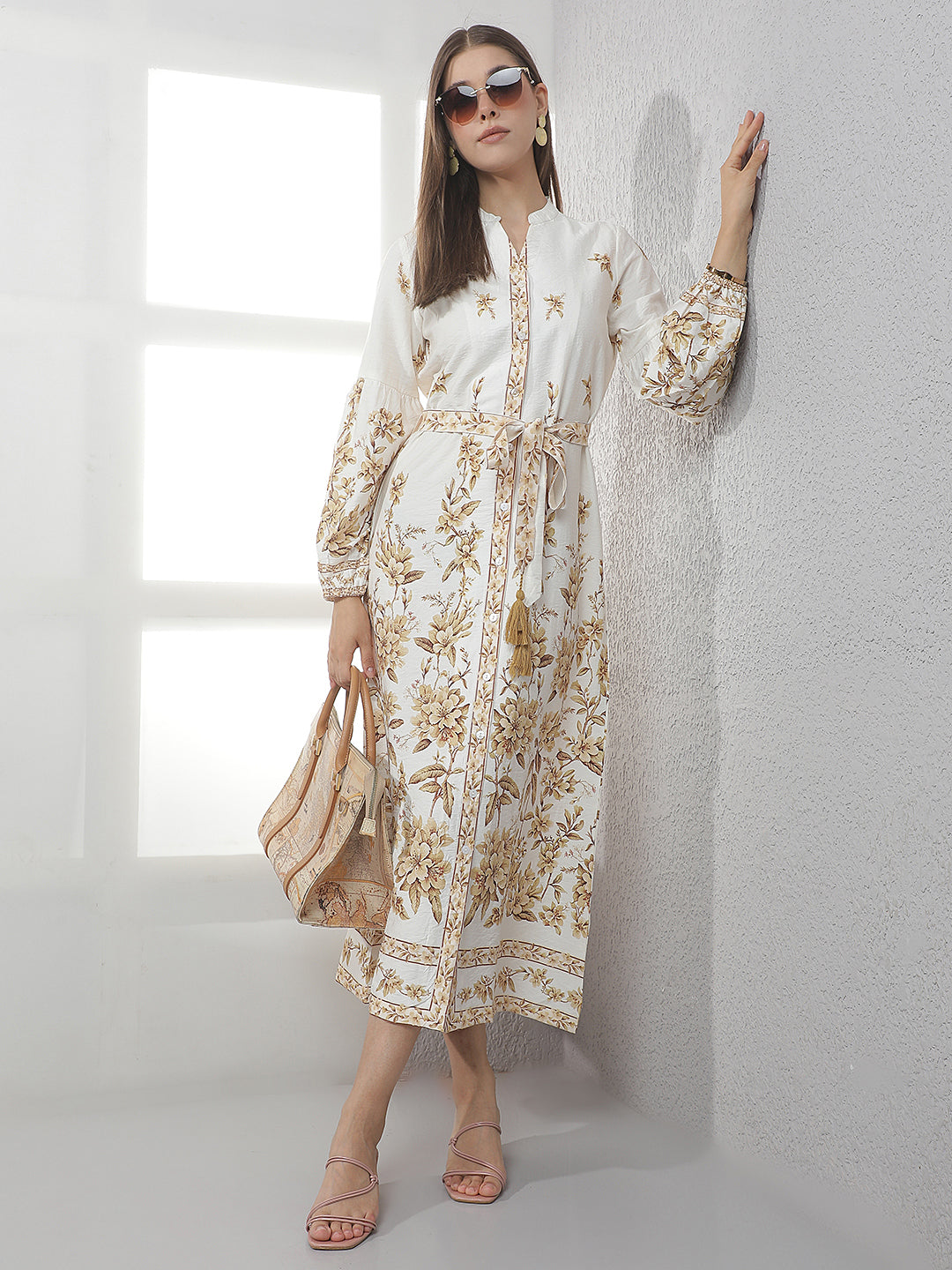 Cream Floral Print Midi Shirt Dress With Belt