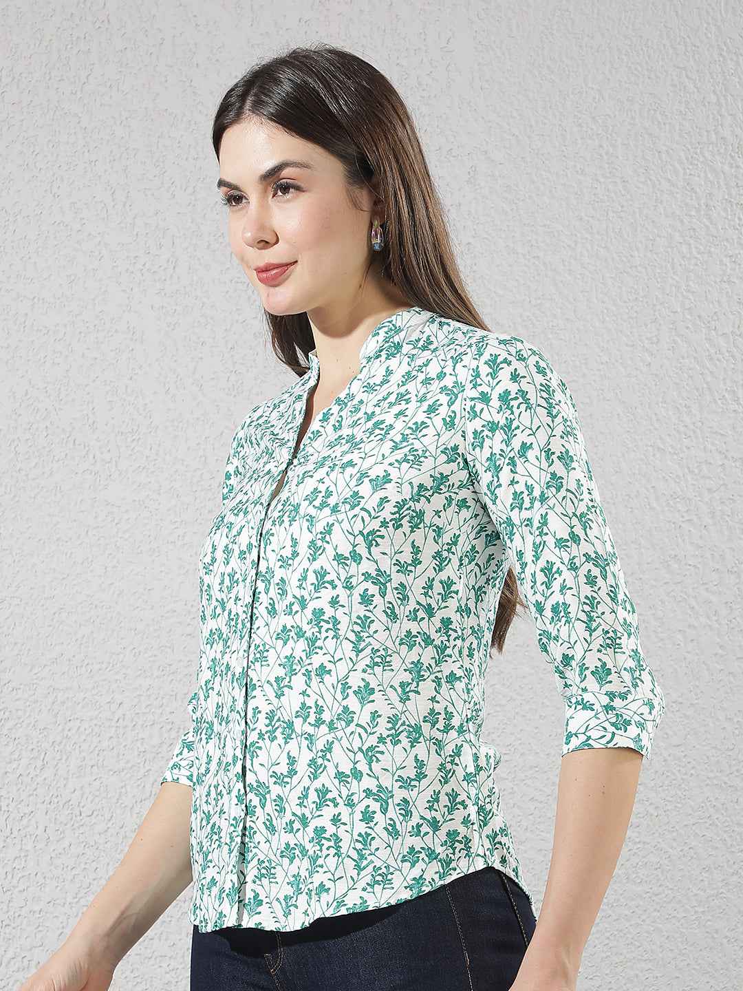 Green Floral Print V-Neck Shirt