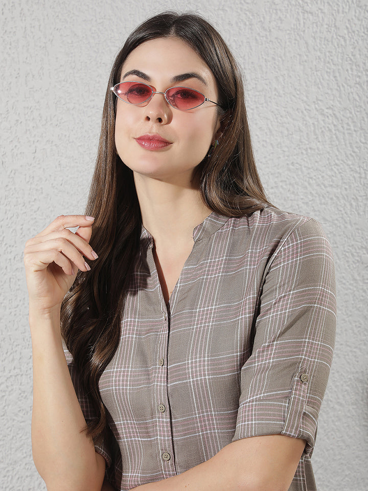 Brown Checked V-Neck Shirt