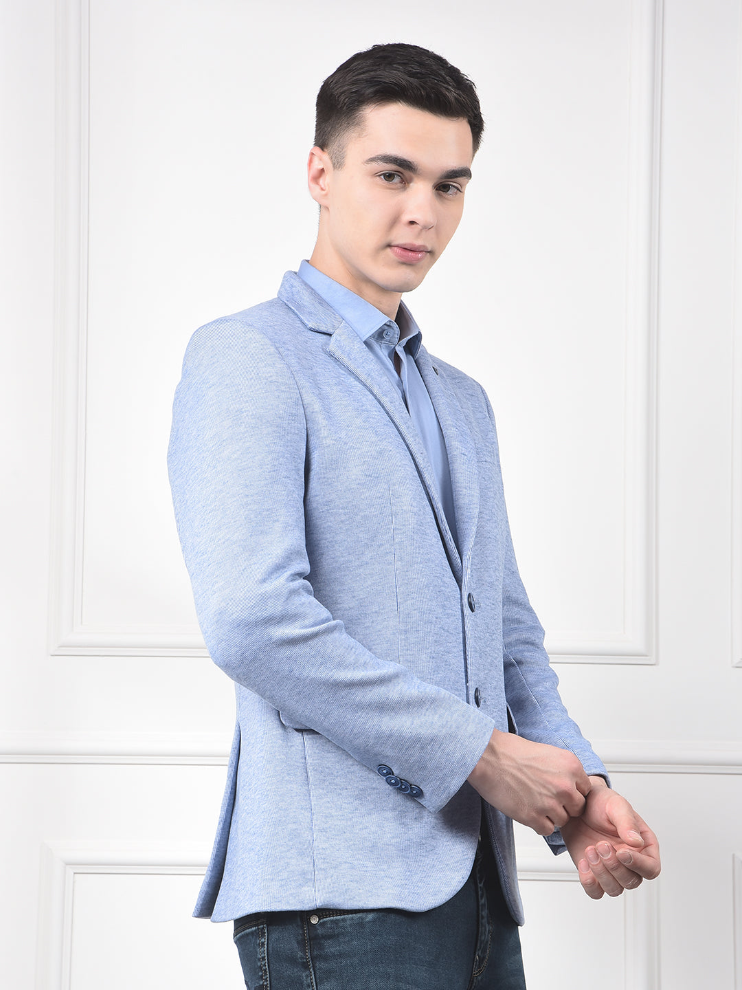Blue Jacquard Notched Lapel Single-Breasted Blazer