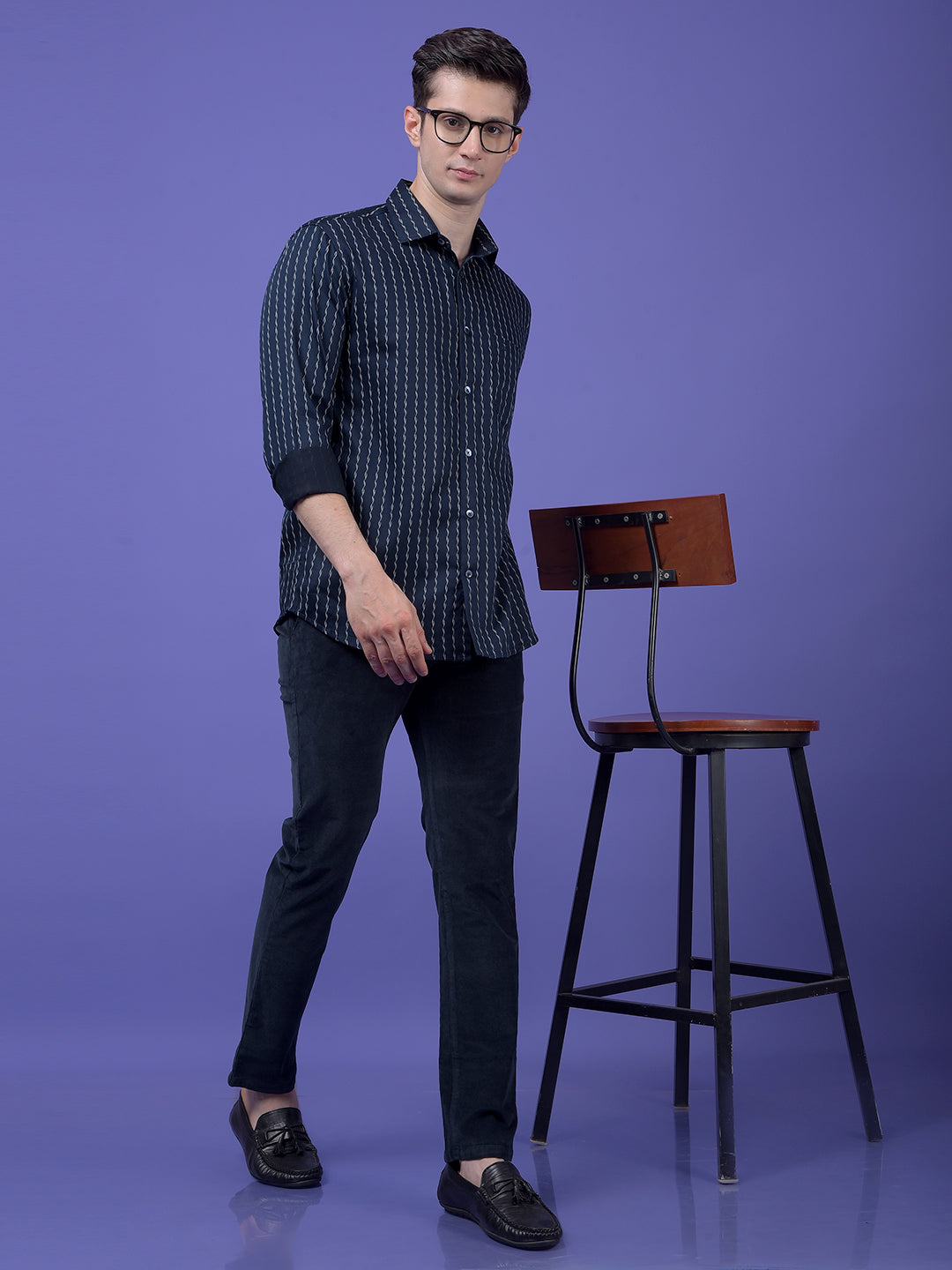 Navy Blue Vertical Stripes Shirt