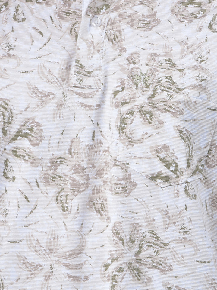 Beige Floral Print Polo-Neck T-Shirt