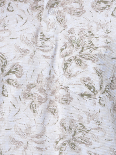 Beige Floral Print Polo-Neck T-Shirt