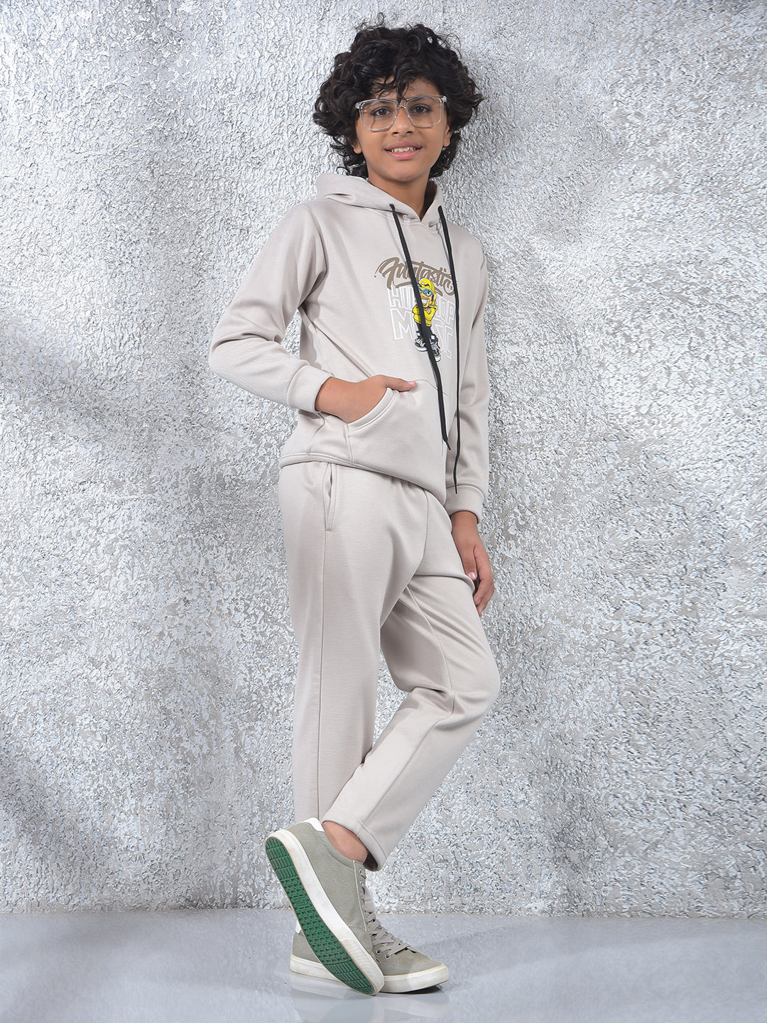 Beige Graphic Print Hooded Neck Sweatshirt