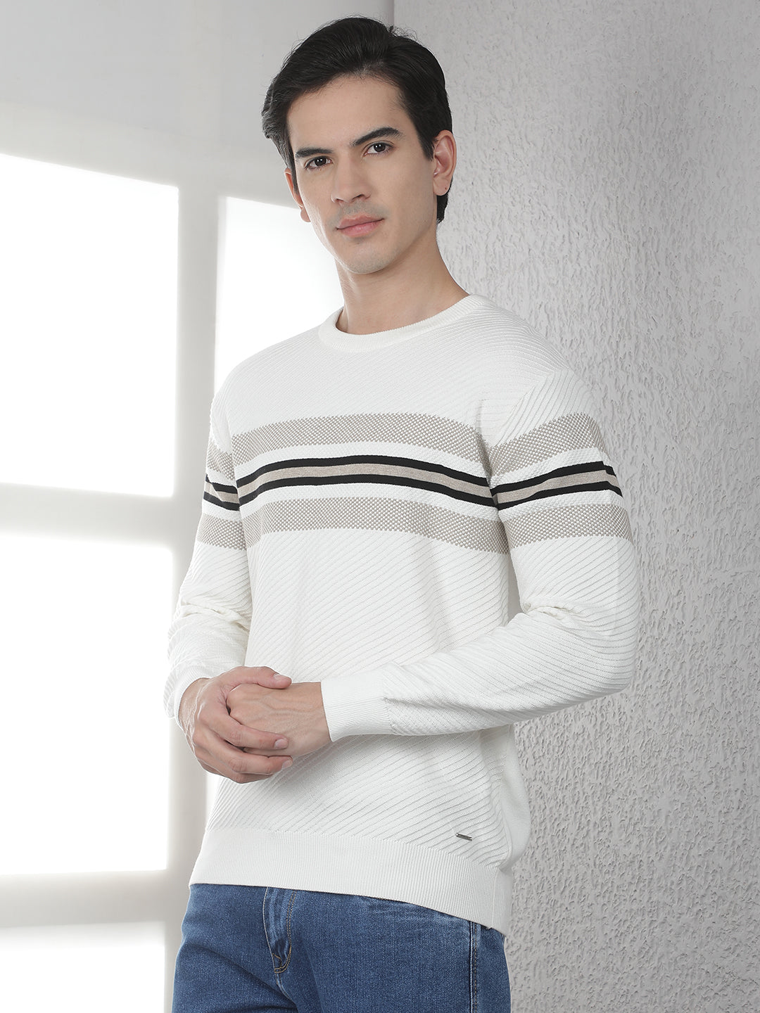 Off White 100% Cotton Horizontal Stripes Round Neck Sweater