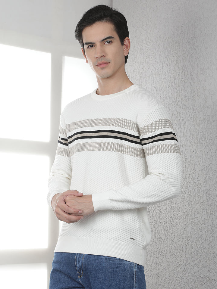 Off White 100% Cotton Horizontal Stripes Round Neck Sweater