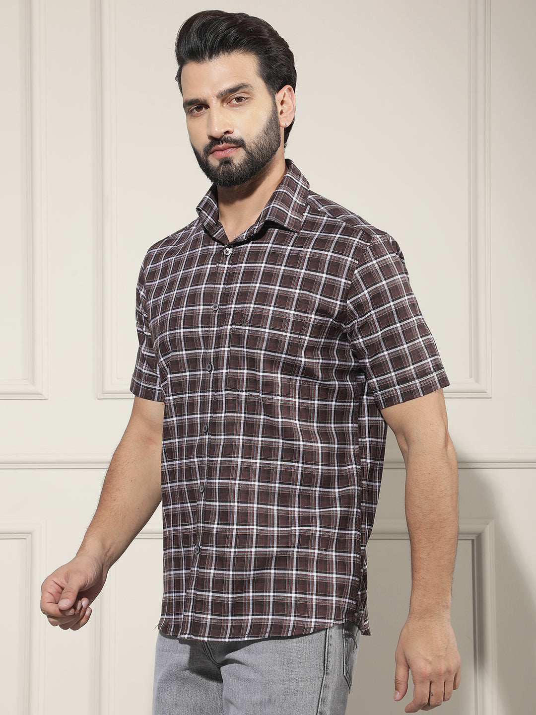 Brown Checked 100% Cotton Shirt