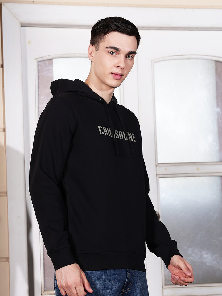 Black Typographic Print Hooded Neck Sweatshirt