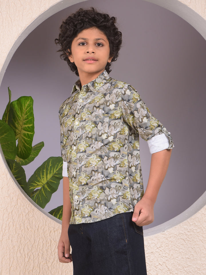 Green Floral Print 100% Cotton Corduory Shirt