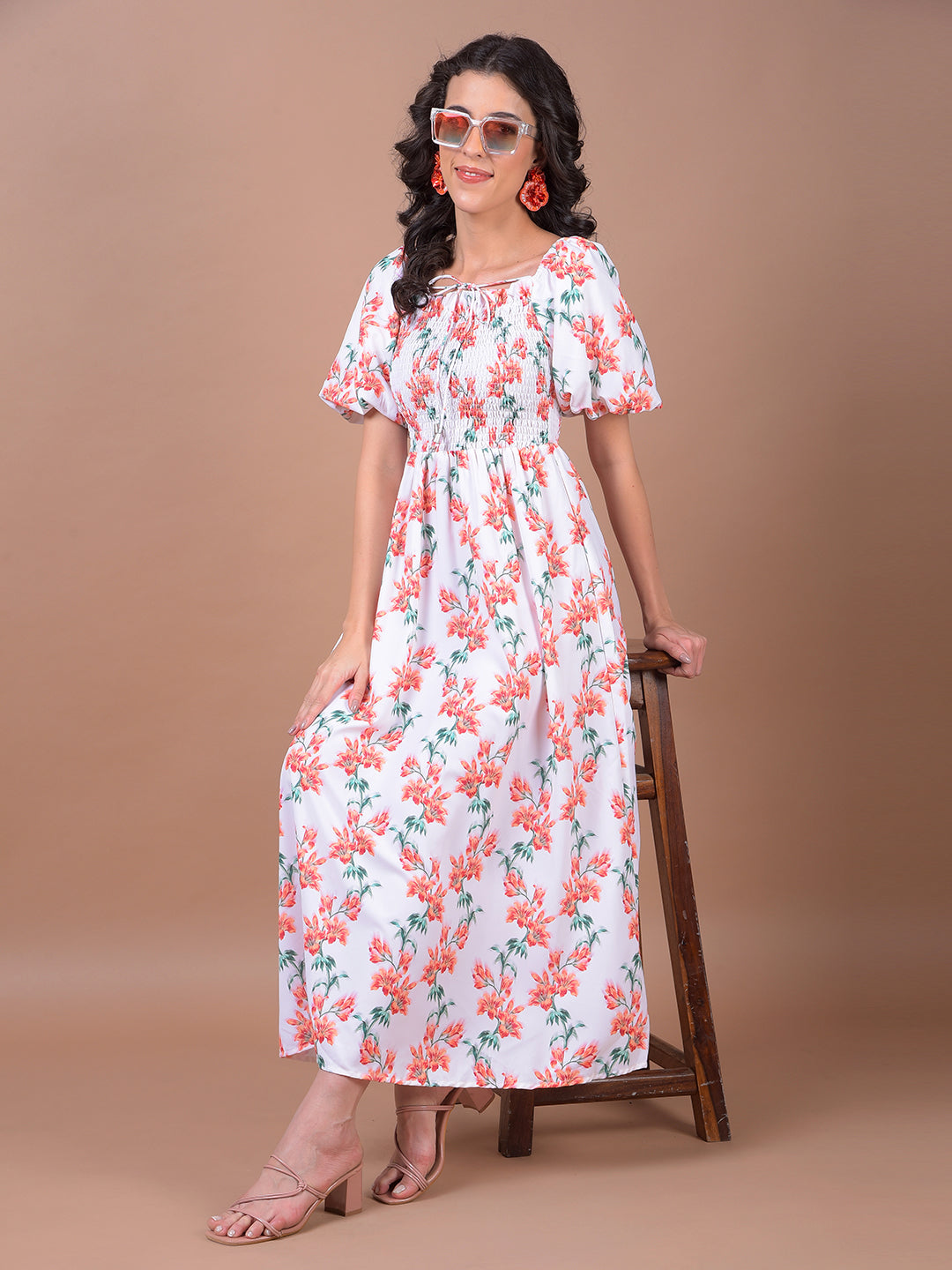 White Floral Print Square Neck A-Line Dress