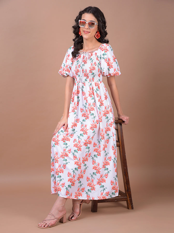 White Floral Print Square Neck A-Line Dress