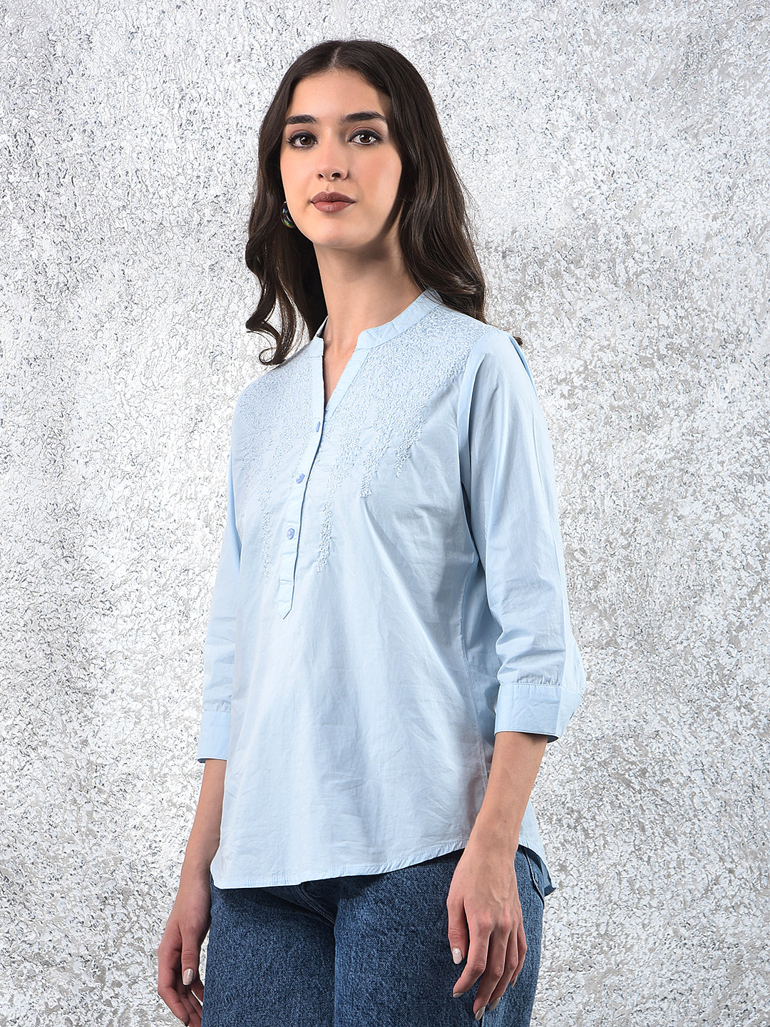 Blue Embroidered V-Neck 100% Cotton Top