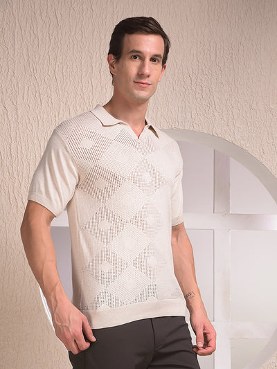 Beige Jacquard Polo Neck T-Shirt