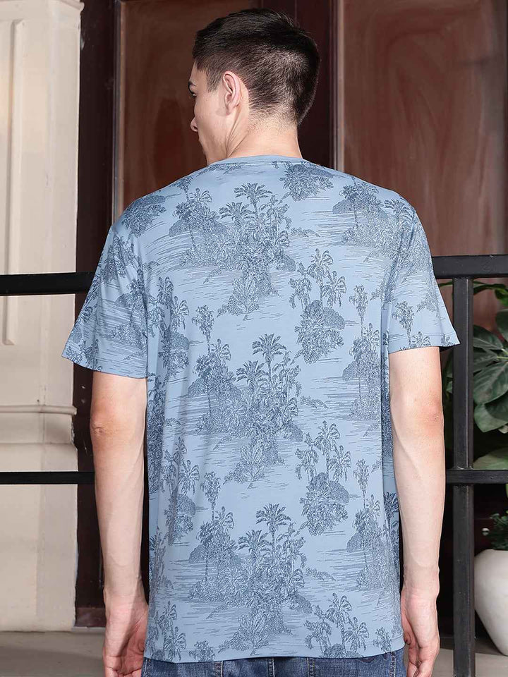 Sky Blue Round Neck Tropical Printed T-Shirt