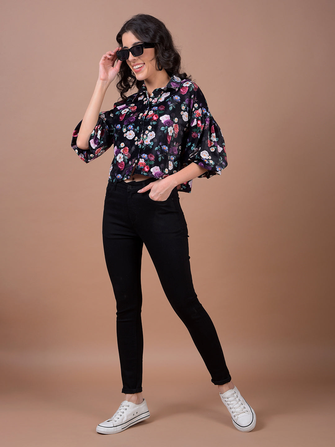 Multi-Color Floral Print Cropped Shirt