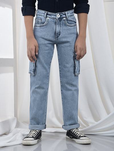 Blue 100% Cotton Straight Cargo Jeans