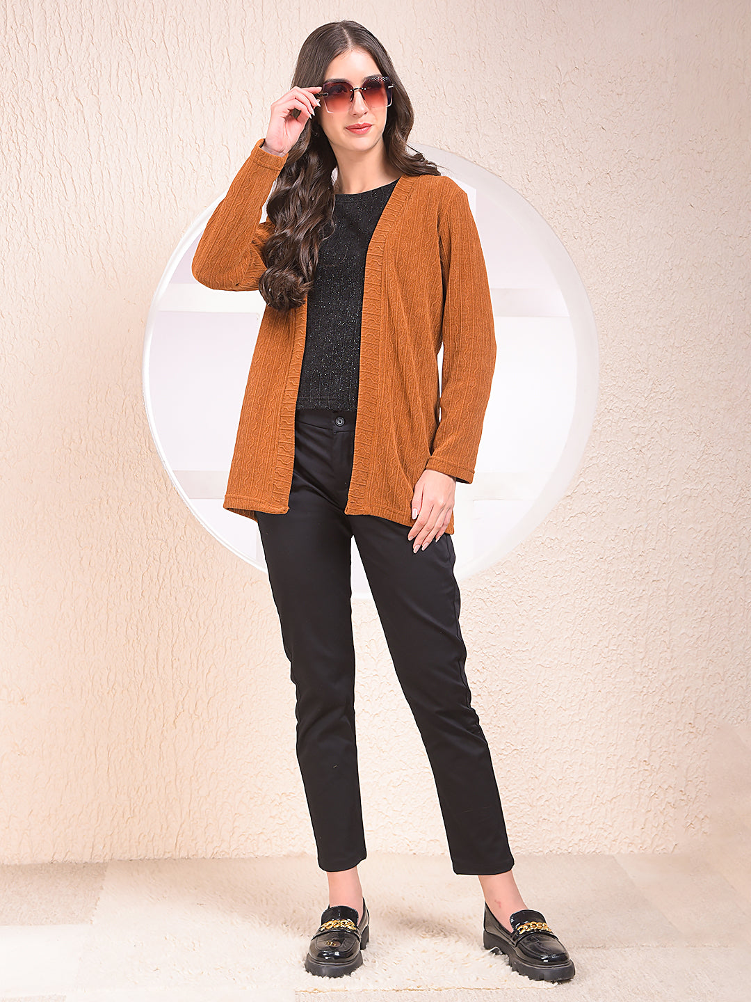 Brown Printed V-Neck Open Front Shrug