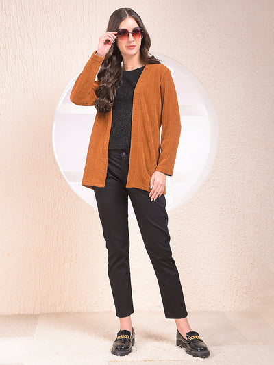 Brown Printed V-Neck Open Front Shrug