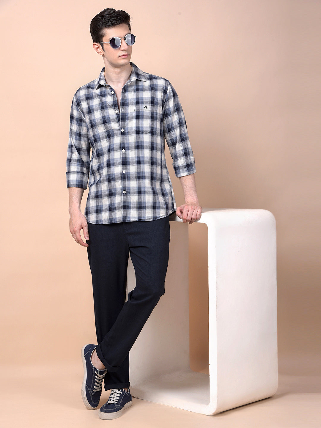 Navy Blue Checked 100% Cotton Shirt