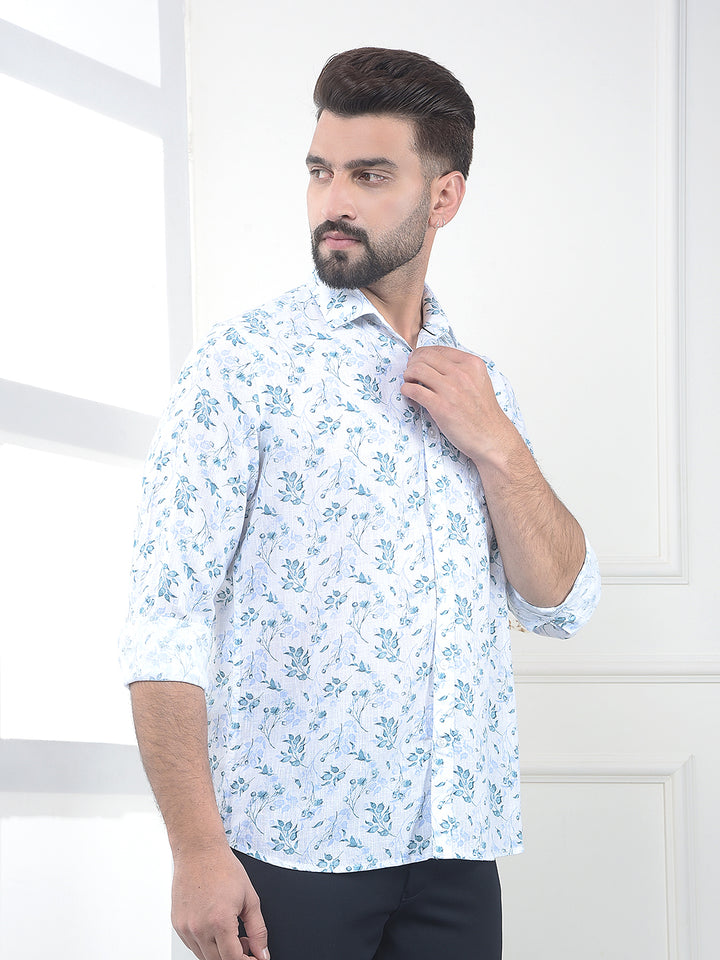 Ocean Blue Blue Floral Print Linen Shirt