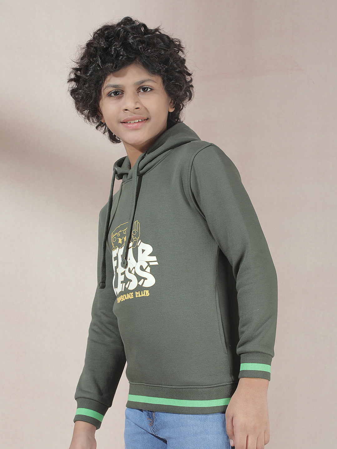 Olive Typographic Print Hooded Neck Sweatshirt